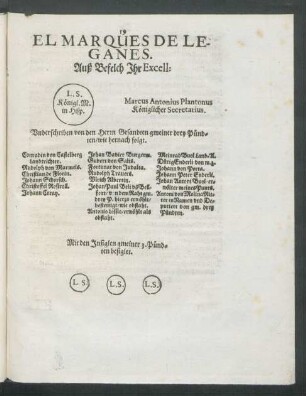 El Marques De Leganes. Auß Befelch Ihr Excell: