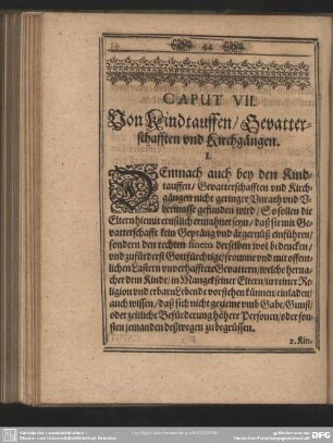 Caput VII. Von Kindtauffen. Gevatterschafften und Kirchgängen