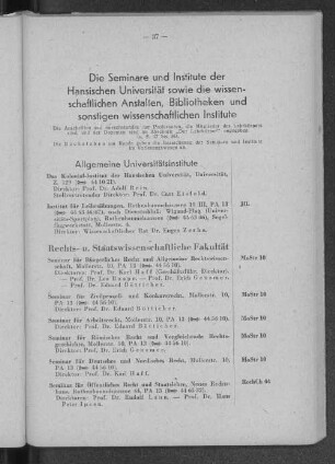 Die Seminare und Institute der Hansischen Universität sowie die wissenschaftlichen Anstalten, Bibliotheken und sonstigen wissenschaftlichen Institute