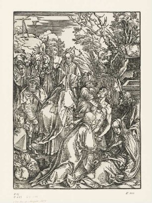 Grablegung Christi, Blatt 10 aus: Jakob Koppmayer, "Passio Dominica Quondam ab incomparabili artifice Alberto Dürero Norico formis ligneis incisa et excusa, nunc denuo recusa a Jacobo Koppmayero typographo", Augsburg 1675
