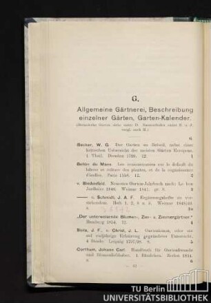 G. Allgemeine Gärtnerei, Beschreibung einzelner Gärten, Garten-Kalender.
