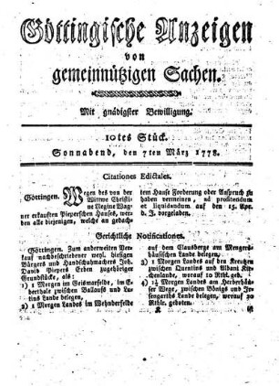 10tes Stück. Sonnabend, den 7ten März 1778.