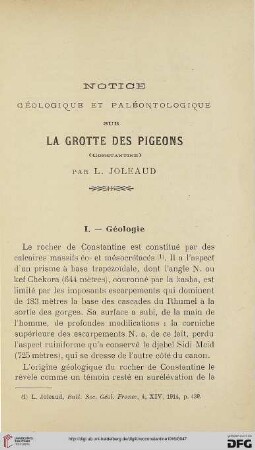 Sér. 5: Notice géologique et paléontologique sur la grotte des pigeons (Constantine)