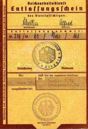 Entlassungsschein des Reichsarbeitsdienstes für Alfred Schellin