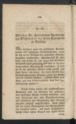 Nr. III. Schreiben Sr. Kurfürstlichen Durchlaucht von Pfalzbaiern an den Herrn Erzbischofen zu Salzburg.