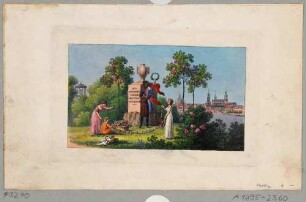 Stammbuchblatt (Hintergrund auf einem Freundschaftsblatt), mit Abbildung eines Denkmals für Freundschaft mit Vase und Inschrift, davor vier weibliche und eine männliche Figur, im Hintergrund Alttadtansicht von Dresden nach Südosten