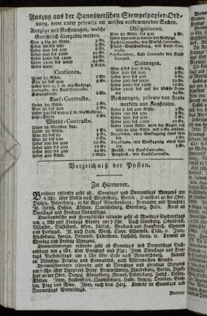Auszug aus der Hannöverschen Stempelpapier-Ordnung, derer unter privatis am meisten vorkommenden Sachen. - Verzeichniß der Posten.