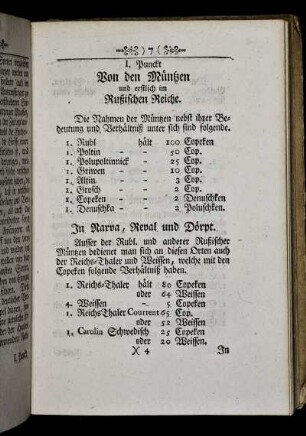 I. Punkt. Von den Müntzen und erstlich im Rußischen Reiche.
