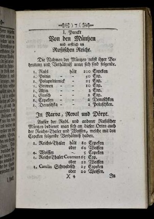 I. Punkt. Von den Müntzen und erstlich im Rußischen Reiche.