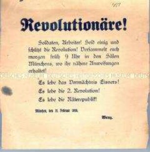 Maueranschlag mit dem Aufruf zu Versammlungen nach dem Mord an Kurt Eisner