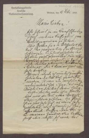 Schreiben von Constantin Fehrenbach, Weimar, an Elisabeth Rosset, Eindrücke von der Nationalversammlung in Weimar