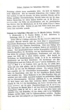 651-652 [Rezension] Leitner, Martin, Lehrbuch des katholischen Eherechts