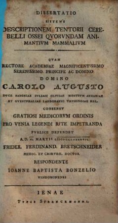 Dissertatio Sistens Descriptionem Tentorii Cerebelli Ossei Quorundam Animantium Mammalium