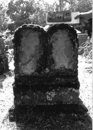 Grabstein 269 (Index: 100101699) Material: Sandstein Zustand: verwittert mit völligem Textverlust Maße HxBxT: 165x70x27 cm Beschreibung: Doppelstele, getreppter Sockel, Schriftfeld eingetieft Besonderheit: Doppelgrab: Grabstein 269
