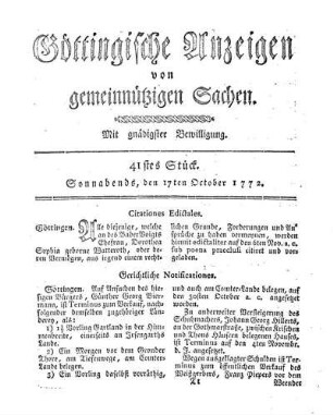 41stes Stück. Sonnabends, den 17ten October 1772.