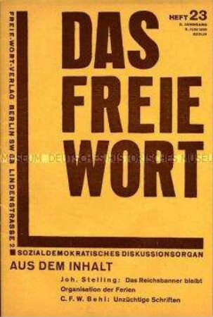 Heft aus der gesellschaftstheoretischen Schriftenreihe der Sozialdemokratie "Das Freie Wort"