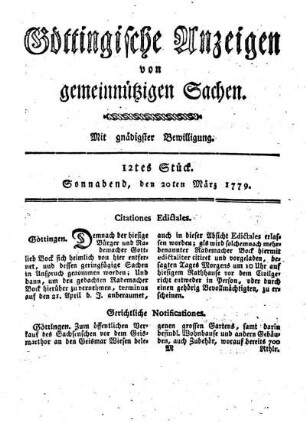 12tes Stück. Sonnabend, den 20ten März 1779.