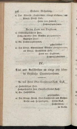 IV. Titel und Aufschriften an einige jetzt lebende Geistliche Standespersonen.