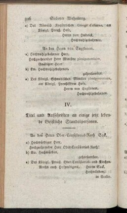 IV. Titel und Aufschriften an einige jetzt lebende Geistliche Standespersonen.