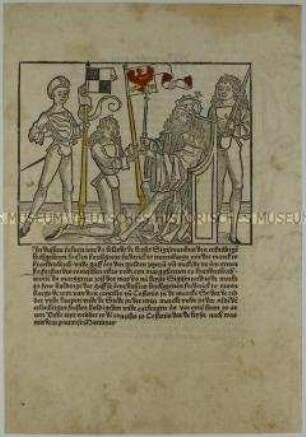 Kaiser Sigismund belehnt den Burggrafen Friedrich von Nürnberg mit der Kurfürstenwürde der Mark Brandenburg im Jahr 1417 - Buchseite aus Bote, Sachsenchronik