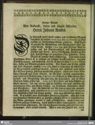 Kurtzer Bericht Von Ankunfft, Leben und seligem Absterben Herrn Johann Arndts