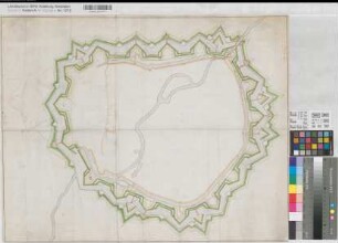 Münster (Münster) projektierte Stadtbefestigung und Zitadelle 2.H. 17.Jh. o.M. 55 x 70 kol. Zeichnung KSM Nr. 753f
