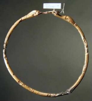Großer Ring, vorn ein Schloss mit zwei Entenköpfen; kleines Stück des Rings fehlt, schöne blaue Patina
