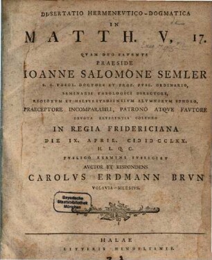 Dissertatio Hermeneutico-Dogmatica In Matth. V, 17.