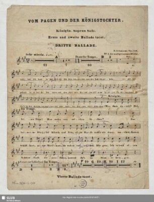Vom Pagen und der Königstochter : [vier Balladen von E. Geibel für Solostimmen, Chor u. Orchester]; op. 140. No. 5 der nachgelassenen Werke