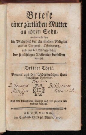 Theil 3: Lettres d'une mère à son fils pour lui prouver la vérité de la religion chrétienne