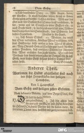 Anderer Theil. Worinnen die Lieder abgetheilet sind nach den sechs Hauptstücken des heiligen Catechismi.