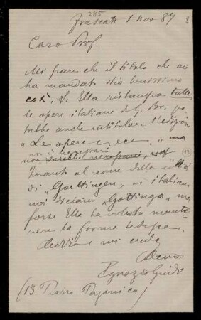 Nr. 8: Brief von Ignazio Guidi an Paul de Lagarde an, Frascati, 1.11.1887