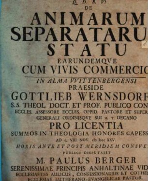 De Animarum Separatarum Statu Earundemque Cum Vivis Commercio