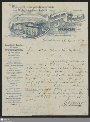 Webstuhl, -Jacquardmaschinen und Webutensilien-Fabrik Hermann Gentsch, Inhaber M. Poege, Glauchau i/Sachsen : Anschreiben