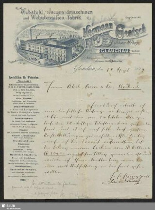 Webstuhl, -Jacquardmaschinen und Webutensilien-Fabrik Hermann Gentsch, Inhaber M. Poege, Glauchau i/Sachsen : Anschreiben
