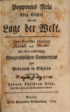 Pomponius Mela drey Bücher von der Lage der Welt