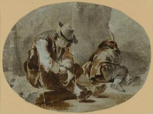 Zwei am Felsen sitzende Bauern