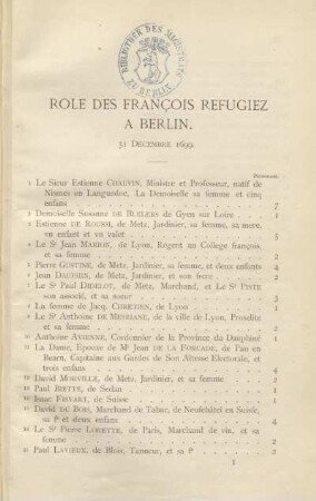 Role des françois refugiez à Berlin. 31 décembre 1699