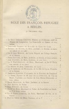 Role des françois refugiez à Berlin. 31 décembre 1699