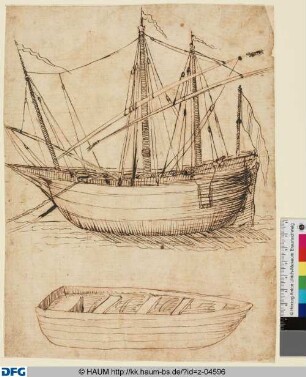 Schiff mit eingeholten Segeln, vor dem ein Boot liegt