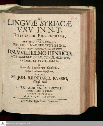 De Lingvæ Syriacæ Vsv In N.T. : Dispvtatio Philologica