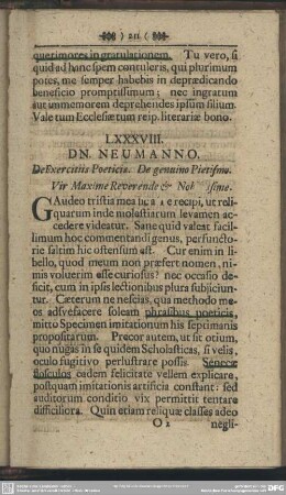 LXXXVIII. DN. NEUMANNO. De Exercitiis Poeticis. De genuino Pietismo