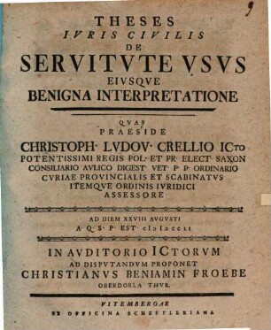 Theses Iuris Civilis De Servitute Usus Eiusque Benigna Interpretatione