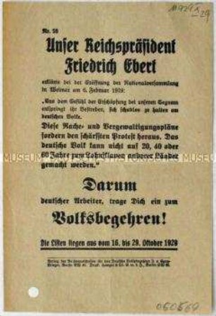 Aufruf des Reichsausschusses für das Deutsche Volksbegehren zur Teilnahme am Volksbegehren gegen den Young-Plan 1929