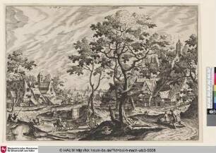 [Dorfansicht mit einem ein Fass transportierenden Bauern vorne rechts; View of a village, a man carrying awheelbarrow in the right foreground]