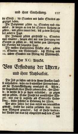 Der XC. Artickel. Von der Erfindung der Uhren, und ihrer Nutzbarkeit.