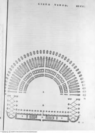 Il Terzo Libro di Sabastiano Serlio Bolognese, nel qual si figurano, e descrivono le antiquità di Roma ..., Folio XLVII: Teatro di Marcello, Grundriss