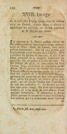 XVIII. Image de la très Ste Vierge Marie sous le même titre du Carmel, ...