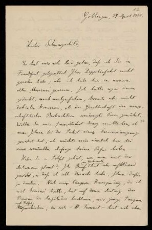 Nr. 12 Brief von Martin Brendel an Karl Schwarzschild. Göttingen, 27.4.1912