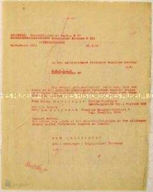 Durchschlag eines Schreibens der Künstlervereinigung "Die Abstrakten" an den Reichsverband Bildender Künstler Gau Berlin, mit der namentlichen Benennung stimmberechtigter Vertreter der "Abstrakten" im Vorstand des Reichsverbandes - Sachkonvolut